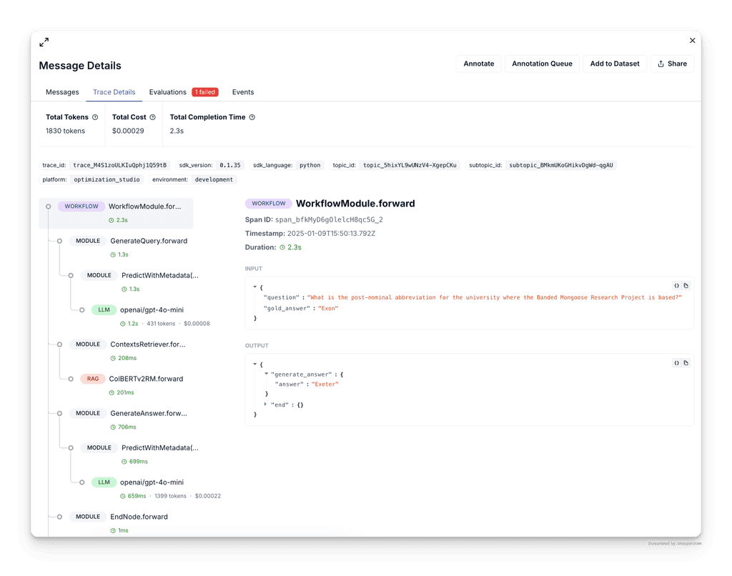 LLM Observability Dashboard showing traces and metrics